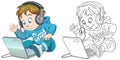 Coloring page with boy with laptop